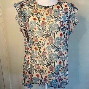 Floaty Blouse White w Blue & Red Flowers Made in Italy Split Back